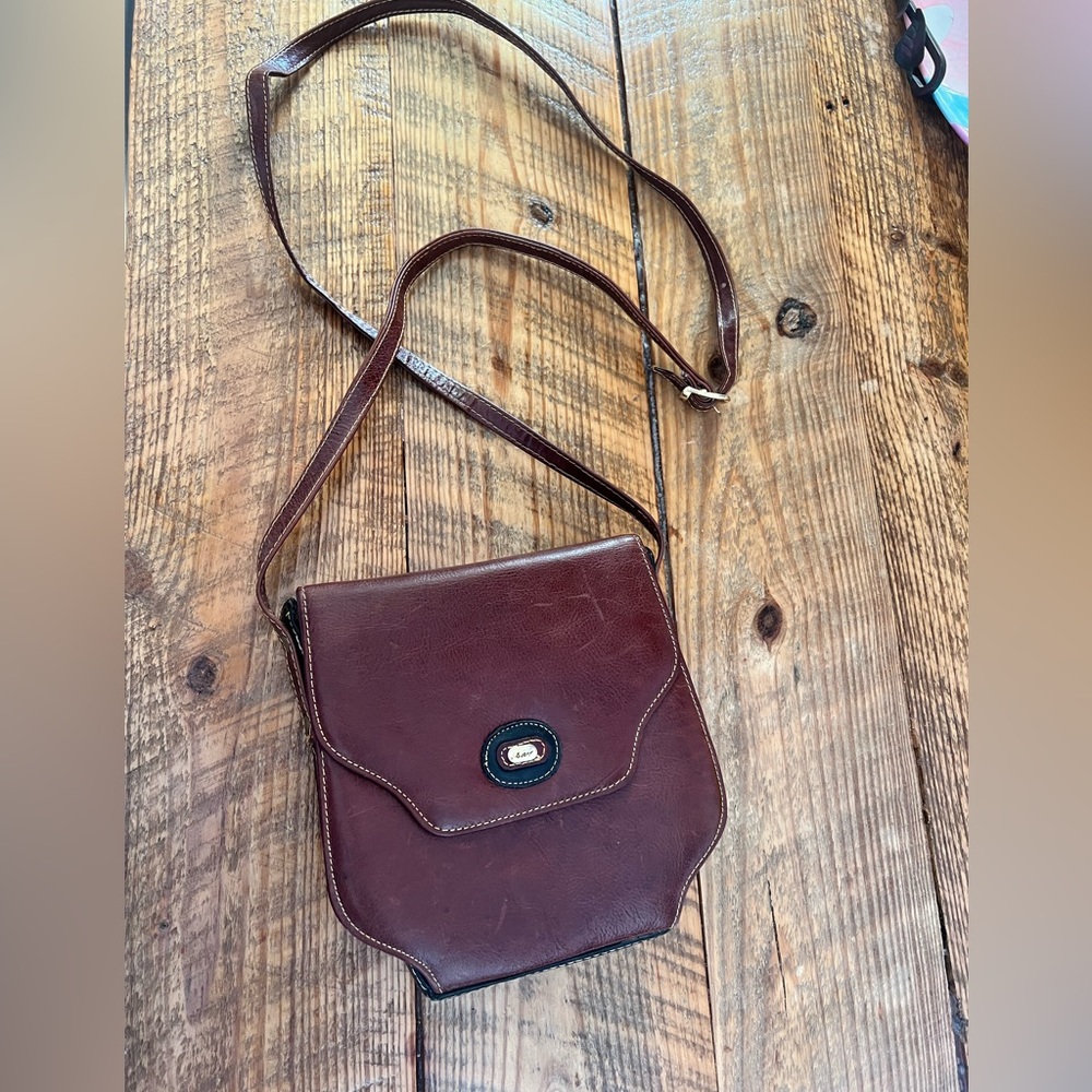 Cognac Leather & Faux Leather Crossbody Bag Used Good Condition Handmade